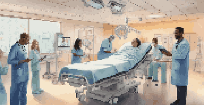 A diverse team of healthcare professionals working together in a hospital environment using a digital tablet, with a focus on patient care and technology.