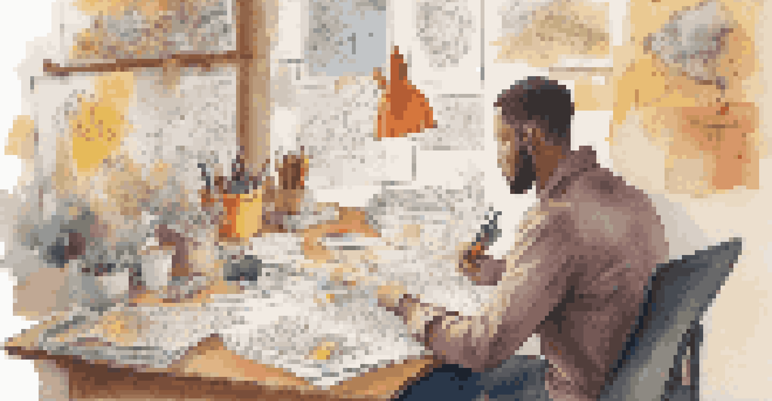 A designer surrounded by sketches and notes, brainstorming ideas with a thoughtful expression.