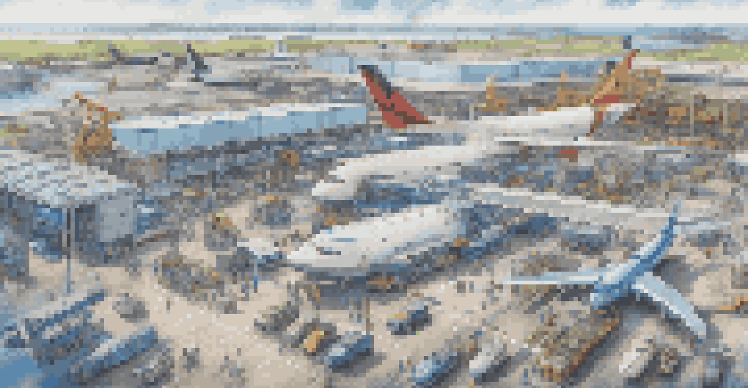 Aerial view of a transportation hub with technicians servicing planes and ships, featuring digital overlays.