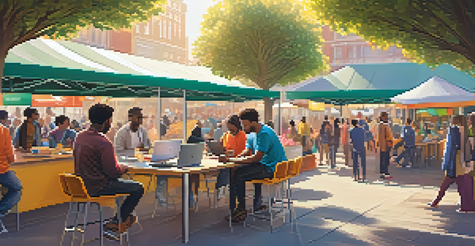 A lively digital marketplace with people using technology for financial transactions, surrounded by colorful banners, with sunlight filtering through trees.