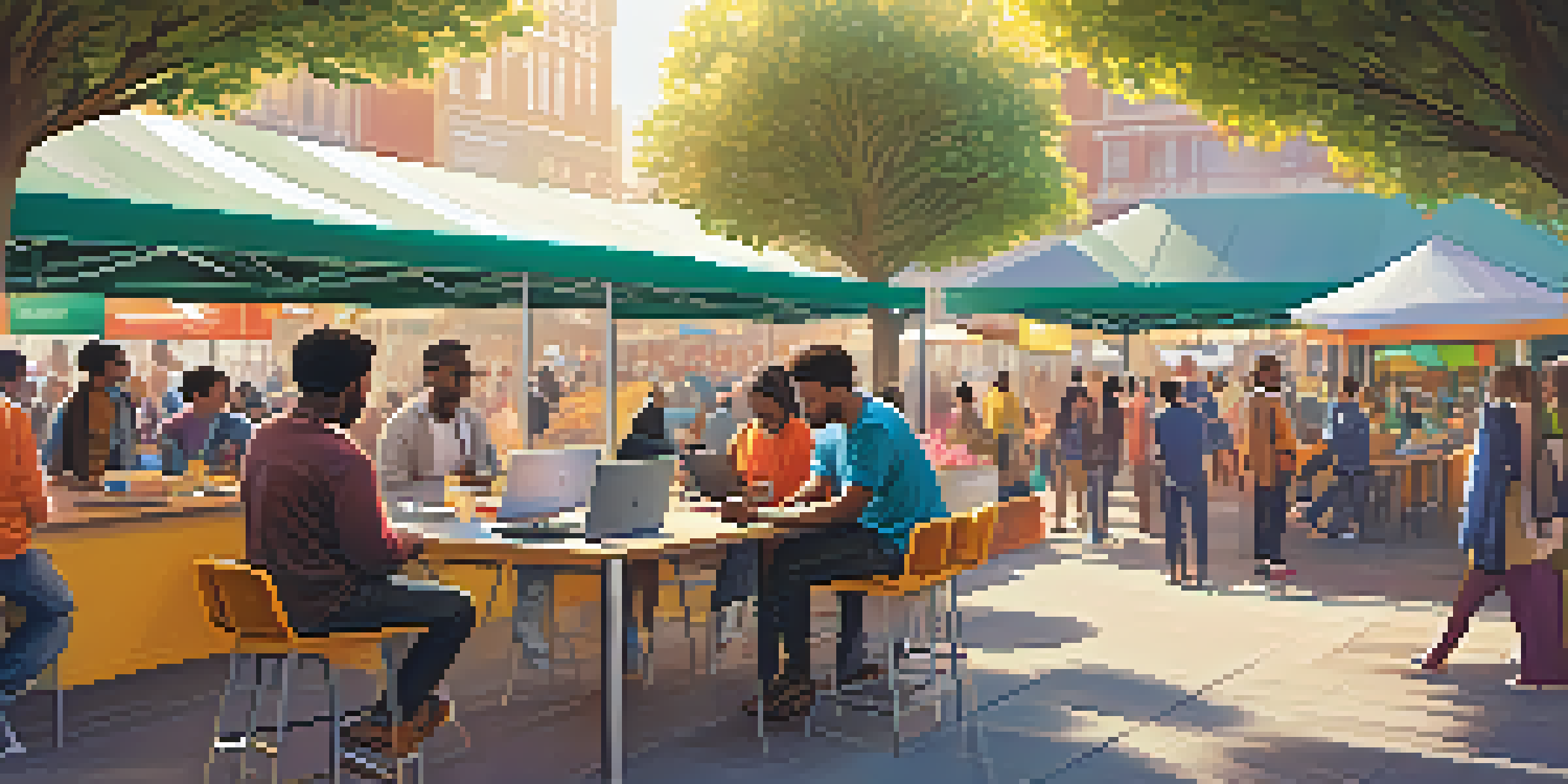 A lively digital marketplace with people using technology for financial transactions, surrounded by colorful banners, with sunlight filtering through trees.