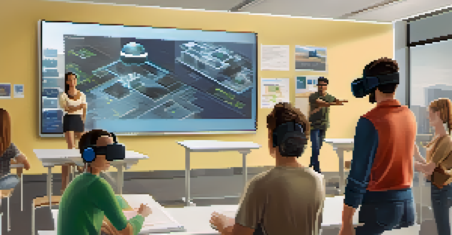 An instructor guiding students in a VR teamwork exercise, with students engaged in discussion and collaboration in a bright classroom.