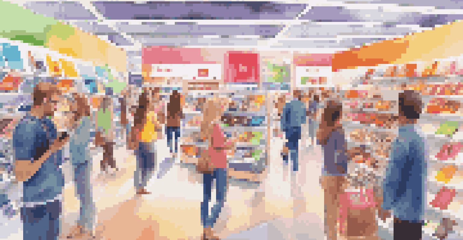 Shoppers engaging with augmented reality in a colorful retail store, viewing digital product information through their devices.