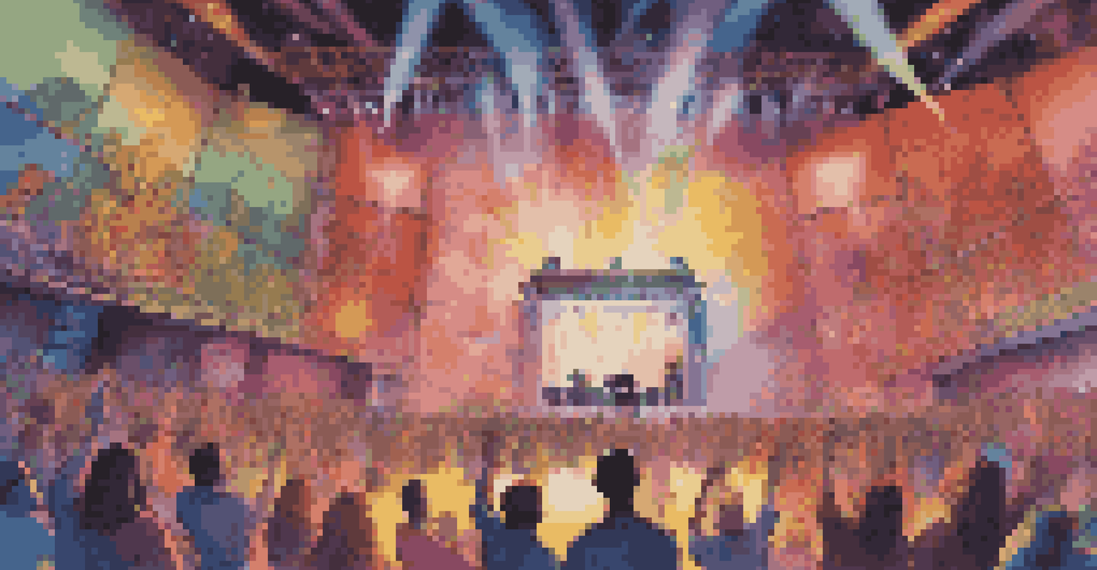 A virtual concert featuring avatars dancing together in a colorful and imaginative world, with a brightly lit stage.