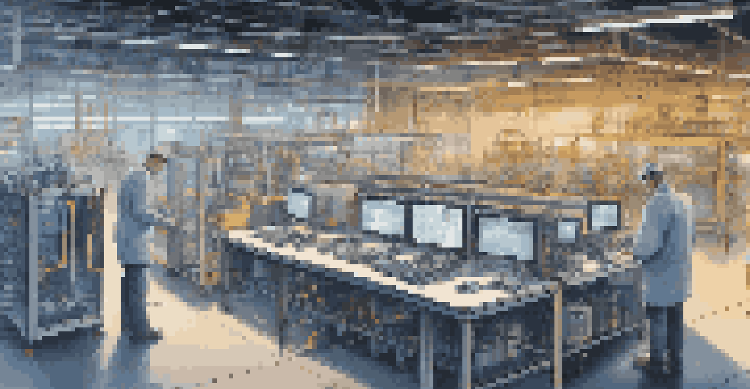 An industrial factory with IoT devices and data streams, showing a technician monitoring digital screens.