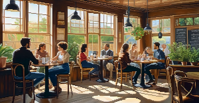 A cozy café filled with diverse individuals sitting at tables, enjoying coffee and chatting, illuminated by sunlight.