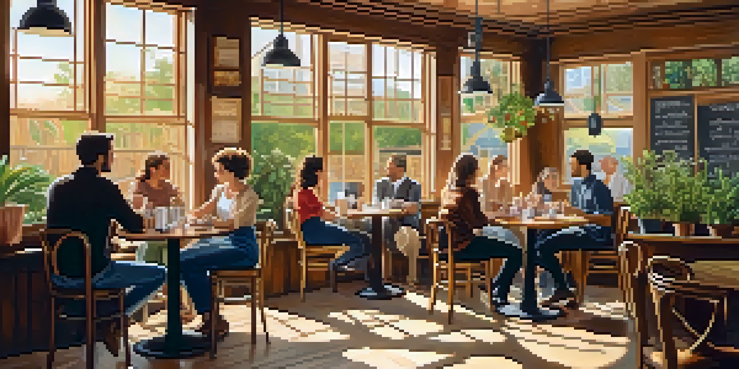 A cozy café filled with diverse individuals sitting at tables, enjoying coffee and chatting, illuminated by sunlight.