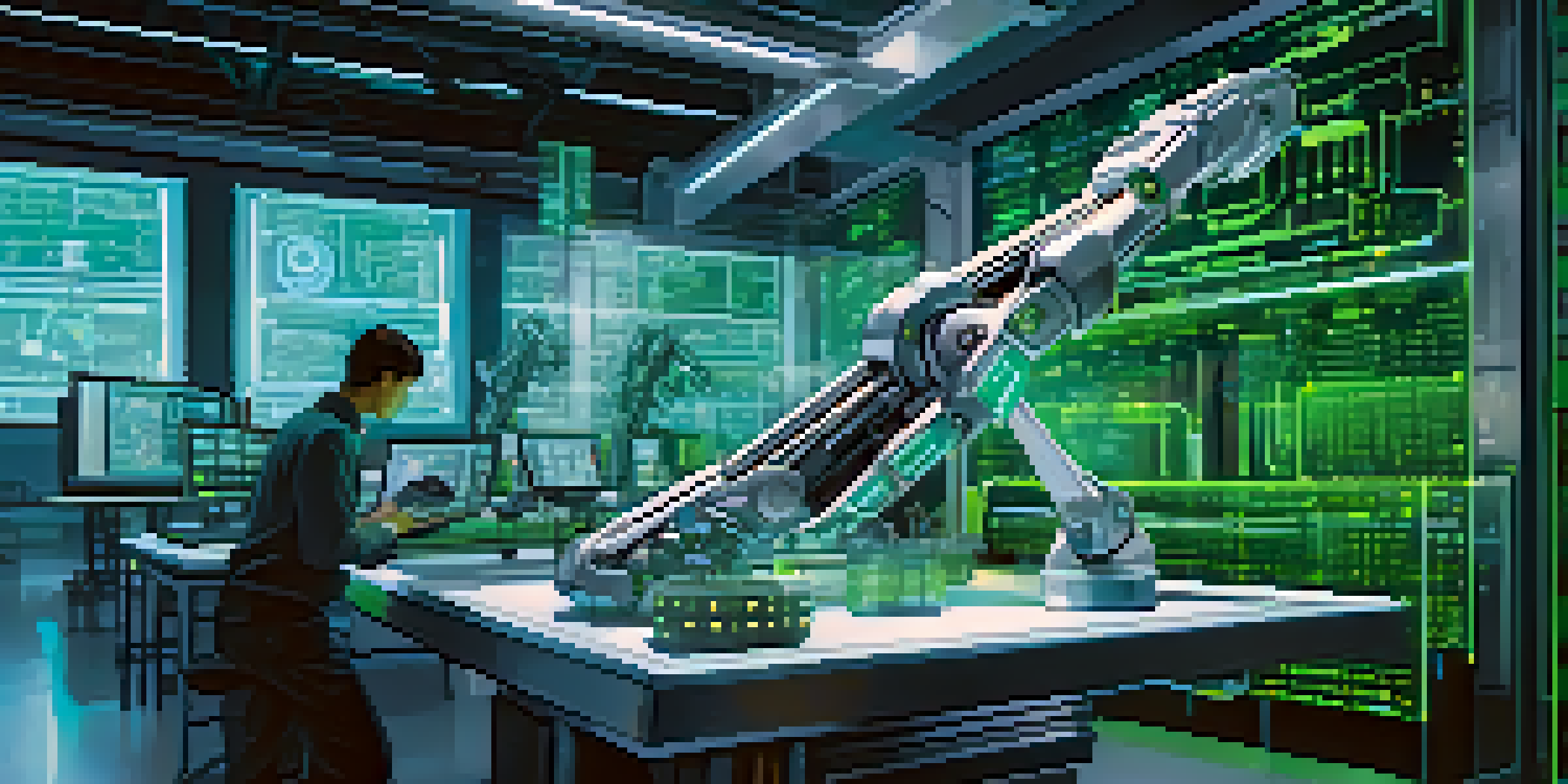 A robotic arm assembling components in a futuristic manufacturing facility with glowing screens and soft blue and green lighting.