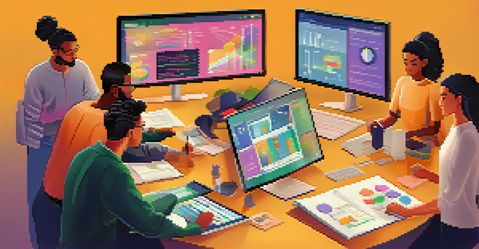 A diverse group of individuals collaborating around a large touchscreen, working on app designs with colorful icons and charts, representing no-code and low-code platforms.