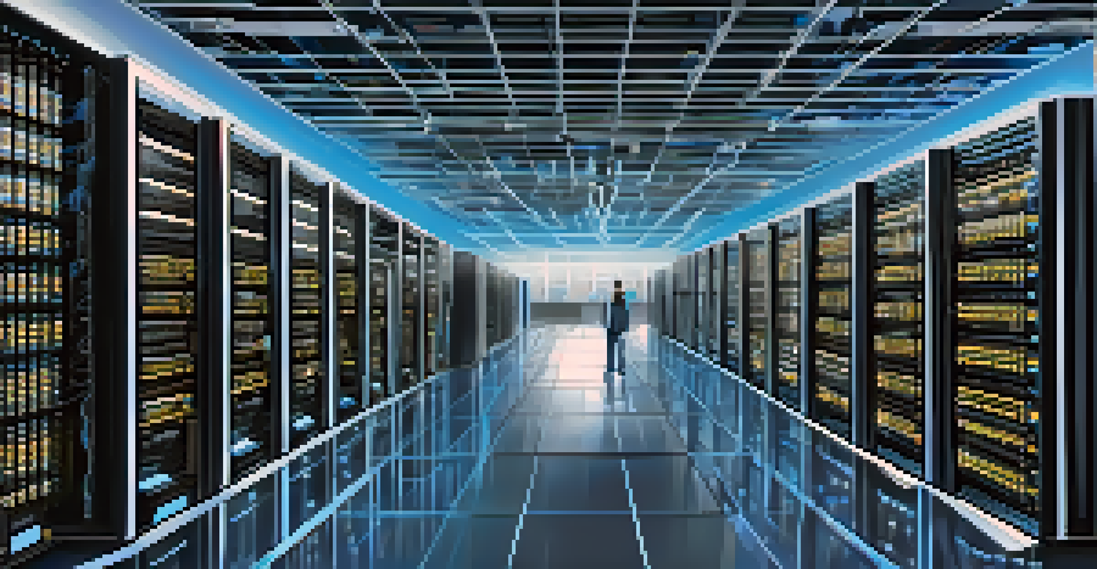 A high-tech supercomputer facility with rows of blinking servers and a technician overseeing the operations, illuminated by cool white and blue lights.
