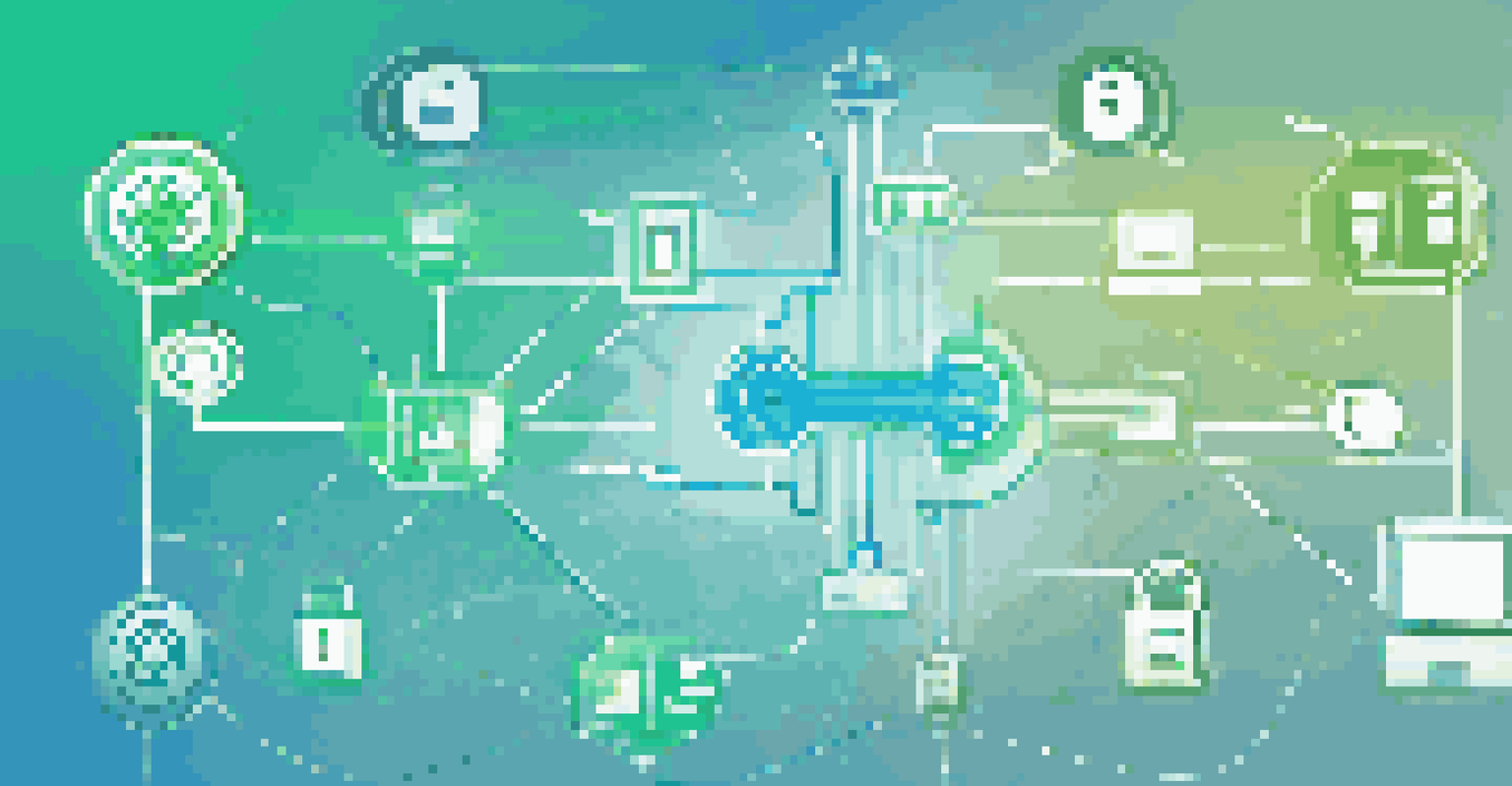 An abstract image showing interconnected IoT devices and security icons against a blue and green gradient background.