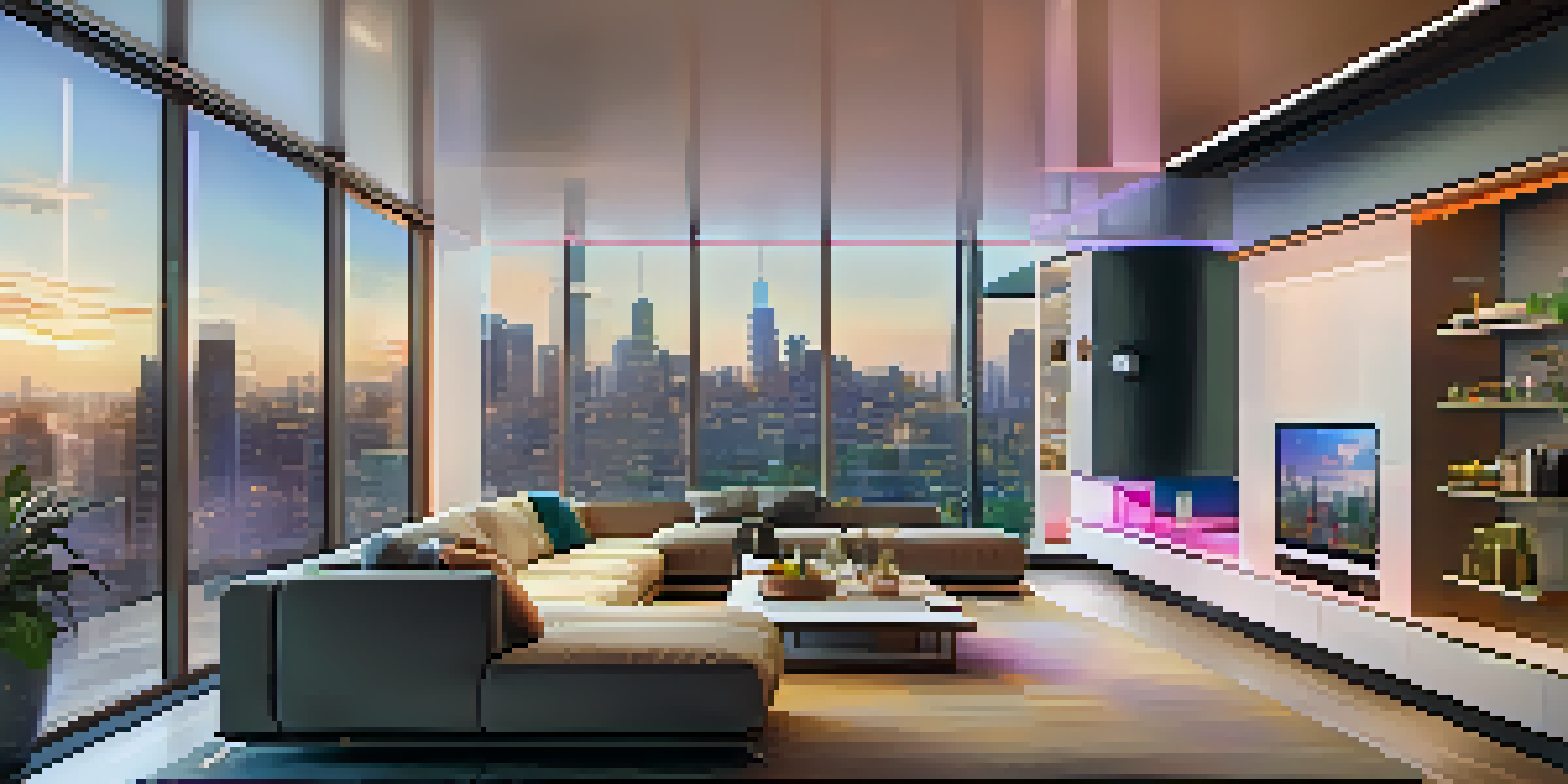 A modern smart home interior with a touchscreen thermostat and a view of a city outside.