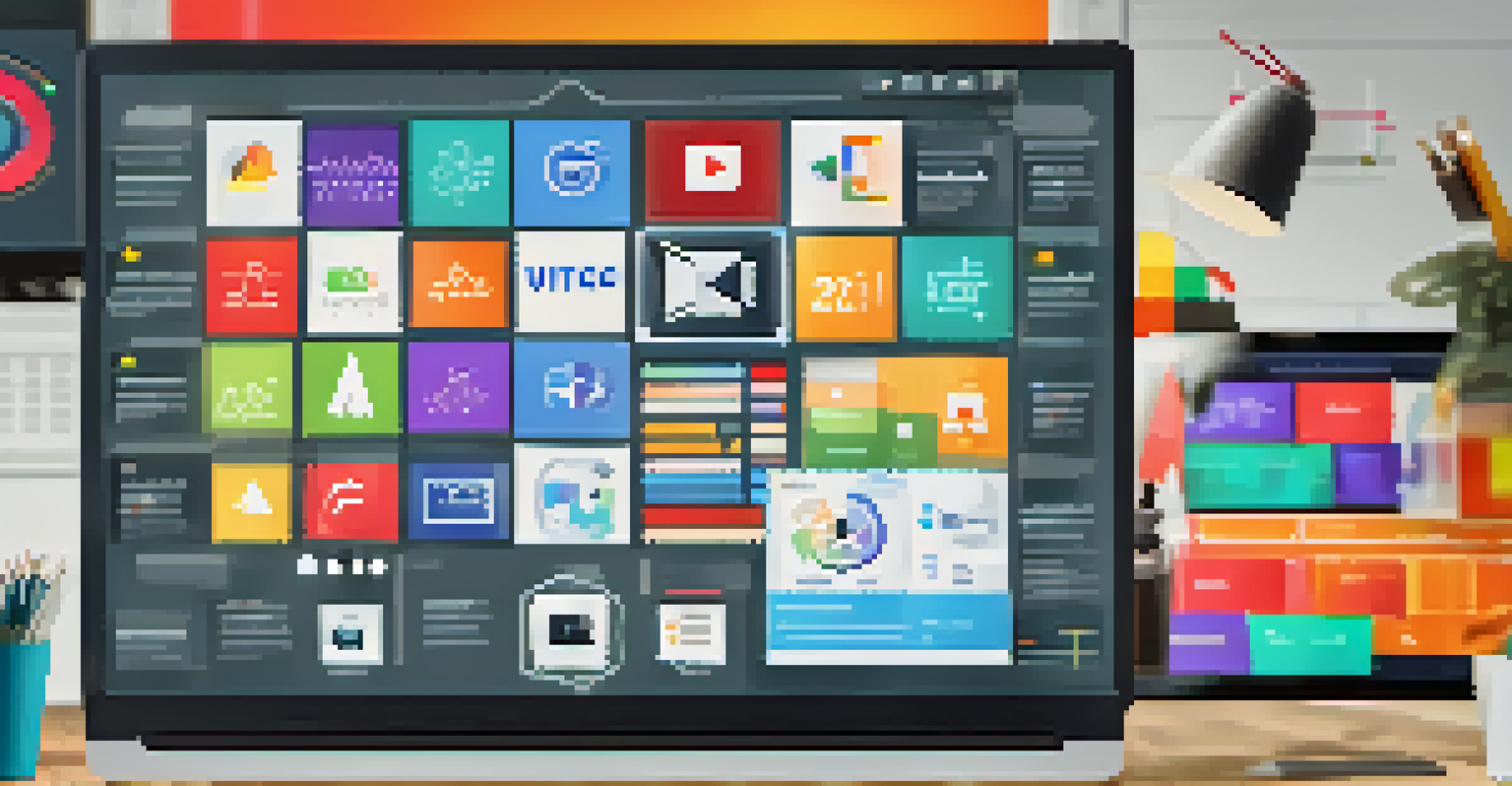 Close-up of a computer screen showing video marketing tools, analytics, and colorful icons.