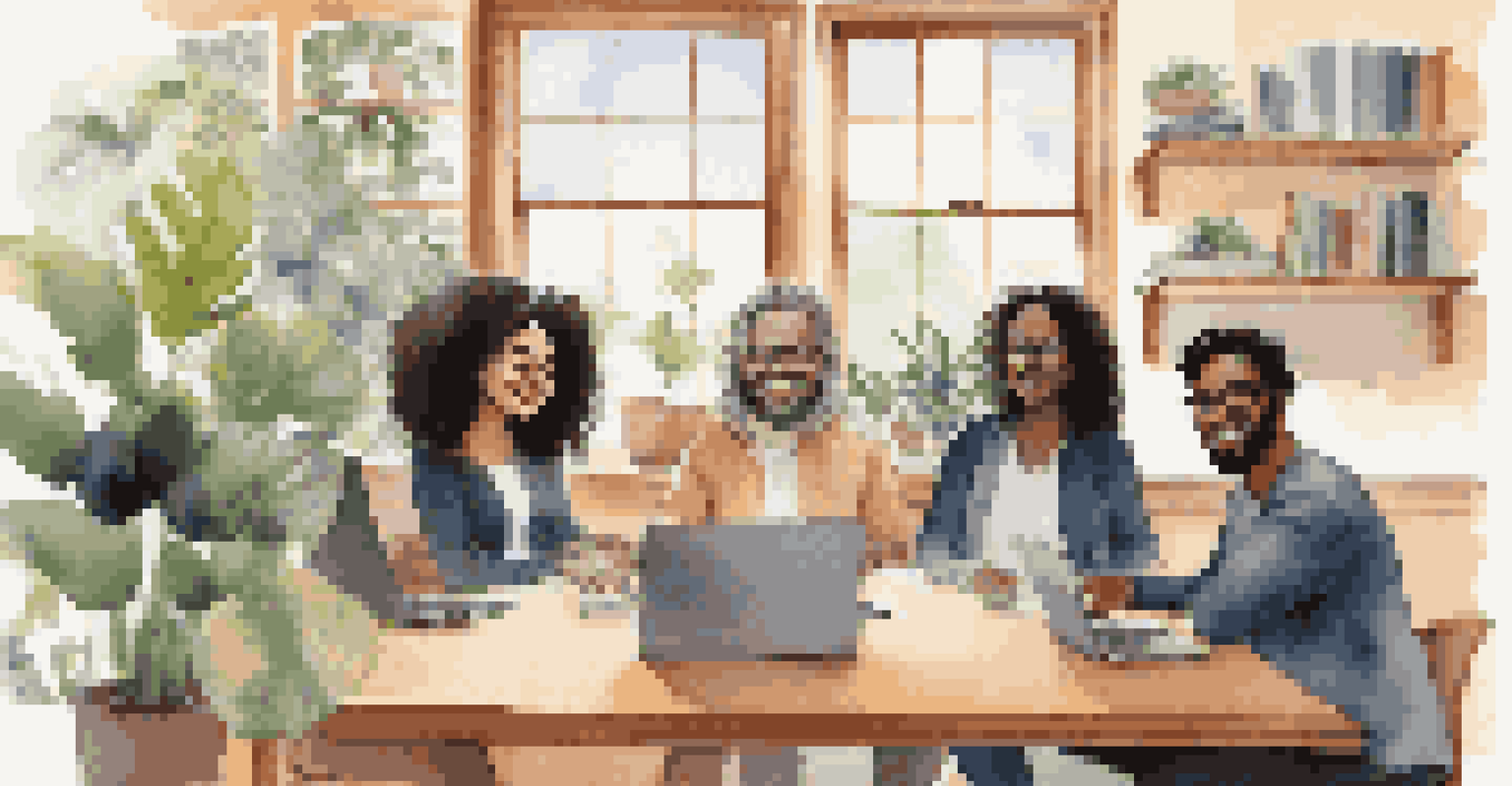 A virtual meeting with multiple participants smiling in separate video call windows, set in a cozy home office.