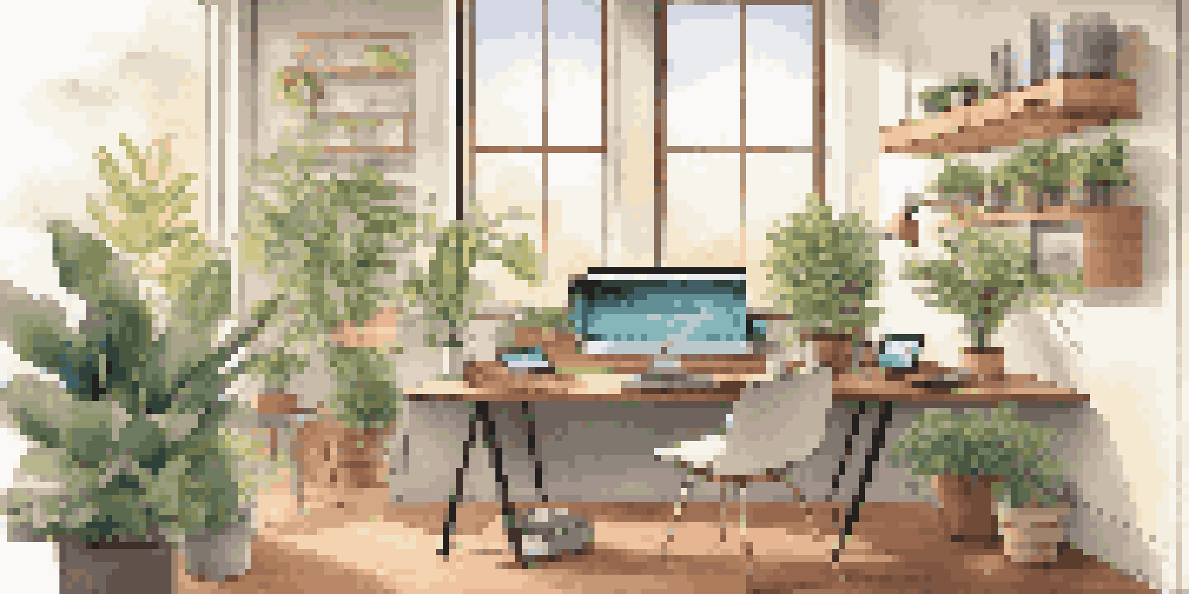 A modern workspace with digital collaboration tools like a laptop and tablet, surrounded by plants and natural light.