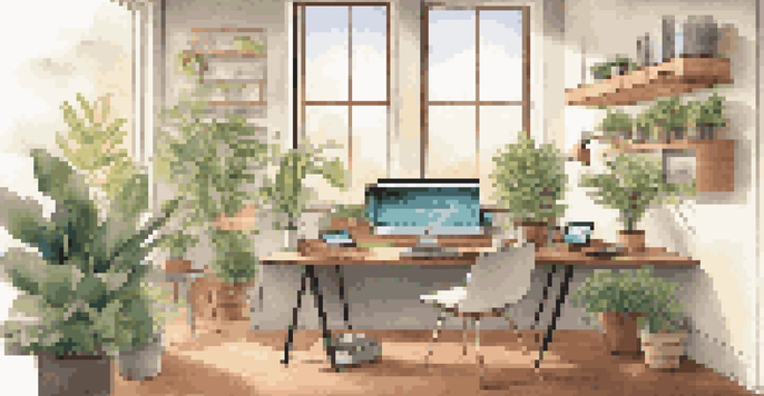 A modern workspace with digital collaboration tools like a laptop and tablet, surrounded by plants and natural light.