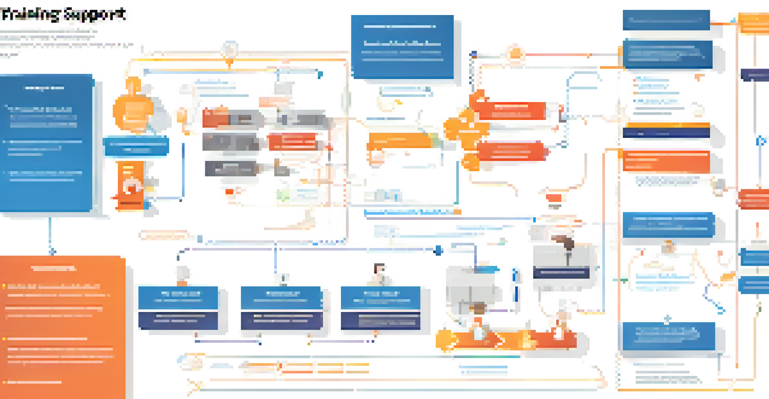 An infographic showing the training process of AI for customer support, with flowchart elements and vibrant colors.