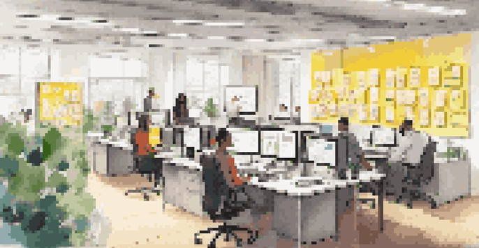 A modern office environment with diverse employees working together, showcasing digital devices and customer feedback analytics on a screen.