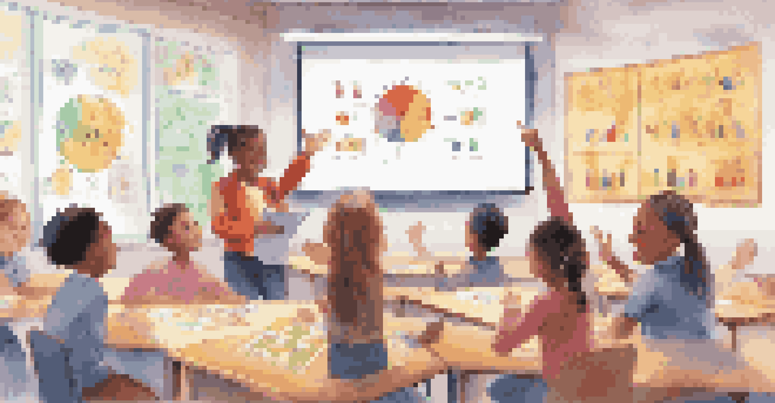 A classroom filled with engaged students participating in a gamified learning experience. The atmosphere is bright and welcoming, with game elements visible.