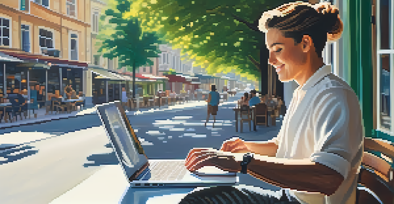 A small business owner working on a laptop at a café terrace surrounded by nature.