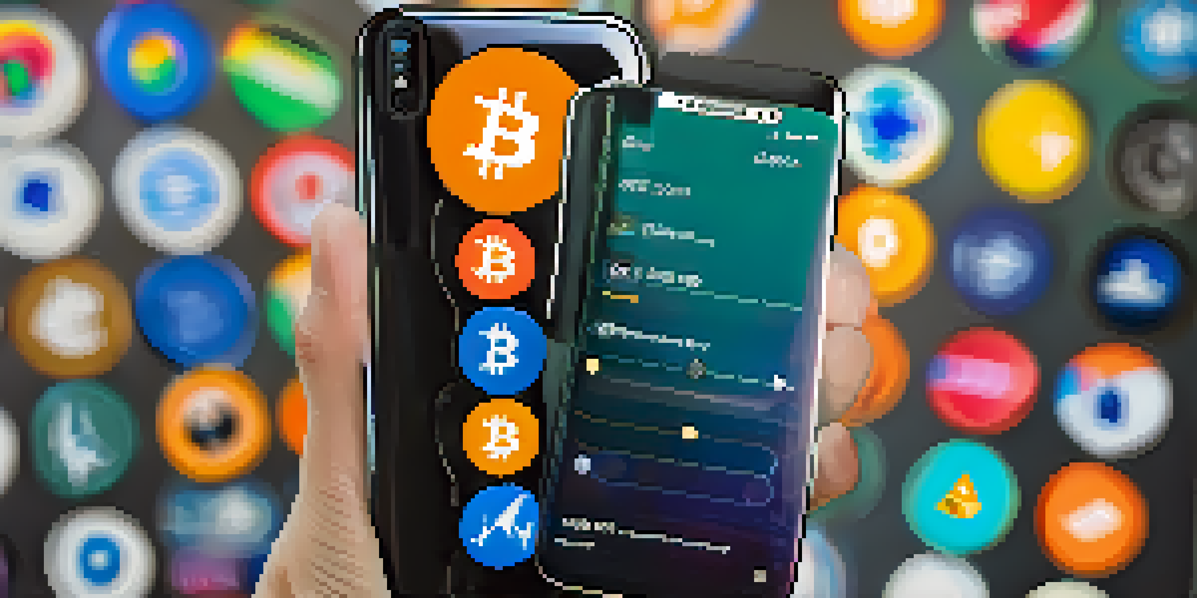 A close-up image of a smartphone showing a cryptocurrency wallet app with colorful cryptocurrency icons, set against a softly blurred warm background.