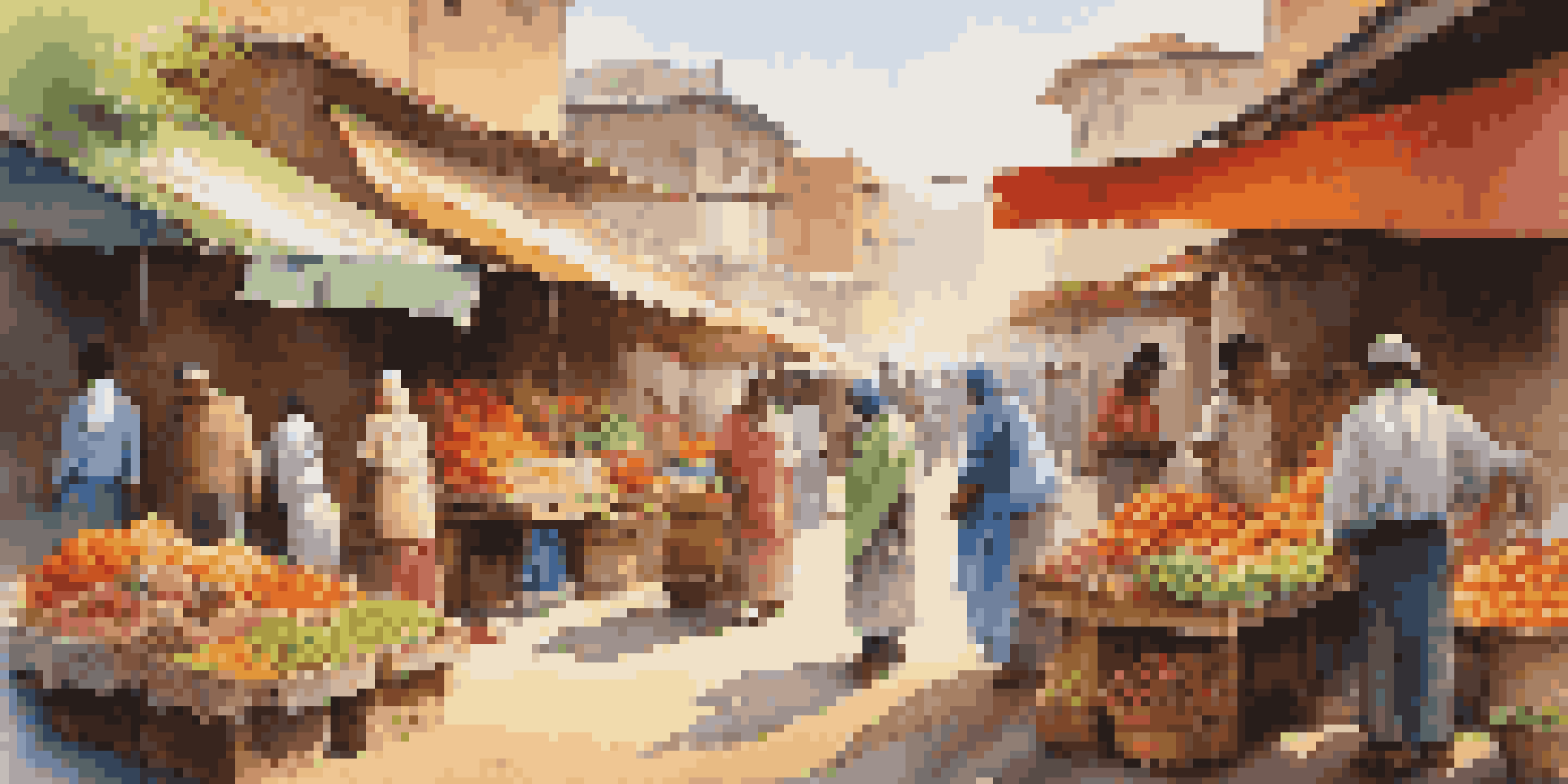 A bustling market in an emerging economy with diverse vendors selling colorful produce under soft sunlight.
