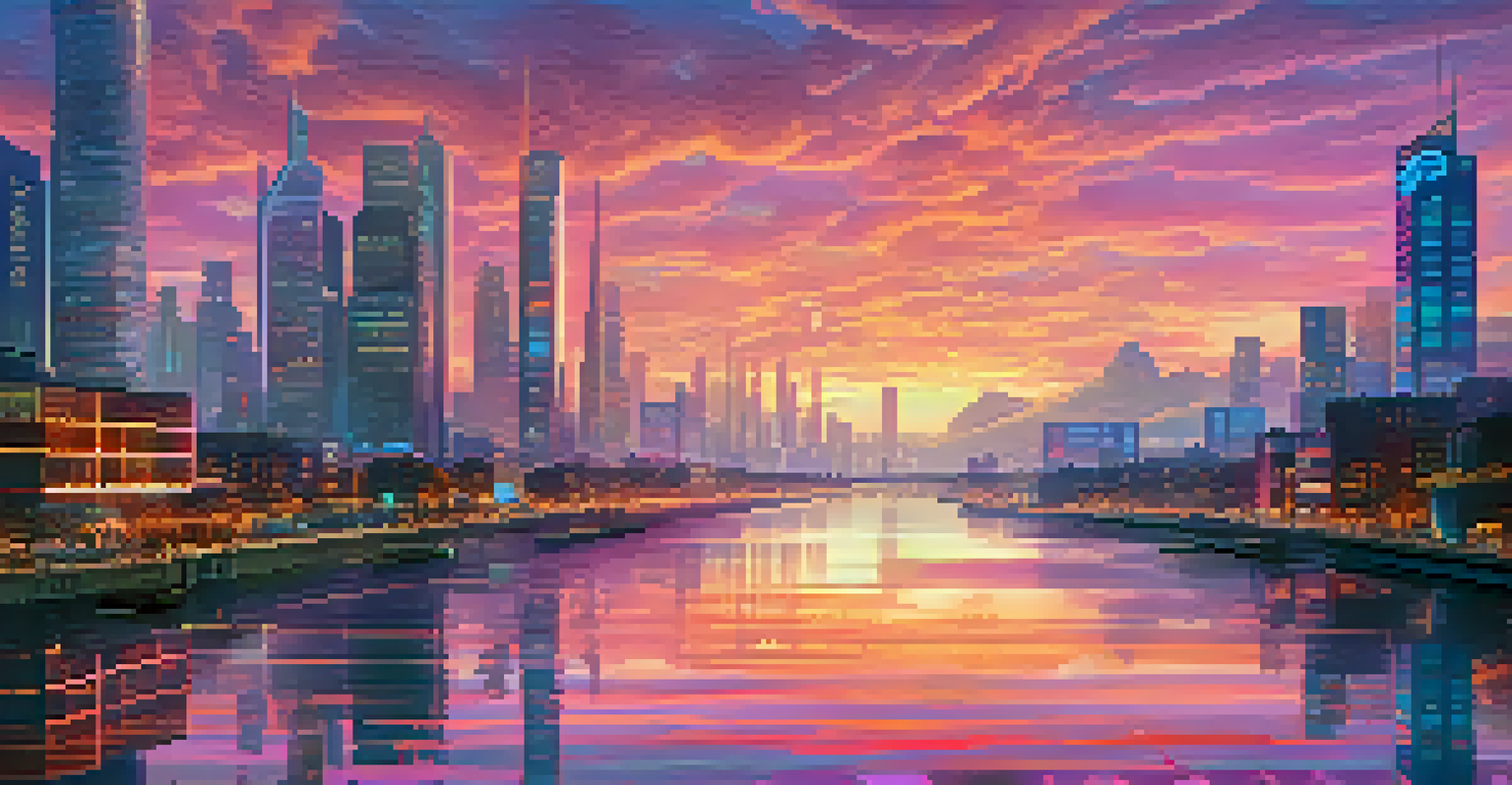 A futuristic city skyline illuminated by sunset colors, showcasing digital billboards related to APIs and serverless technology.