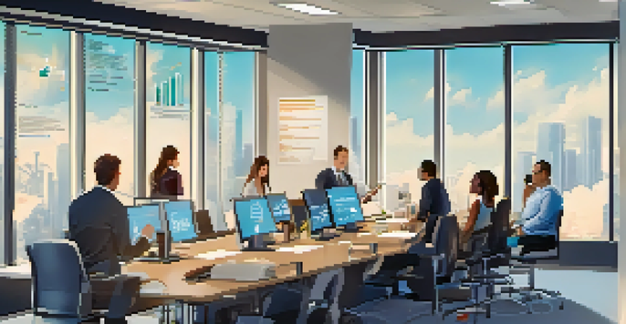 A diverse group of employees in a bright office attending a data security training session with a presentation on the screen.