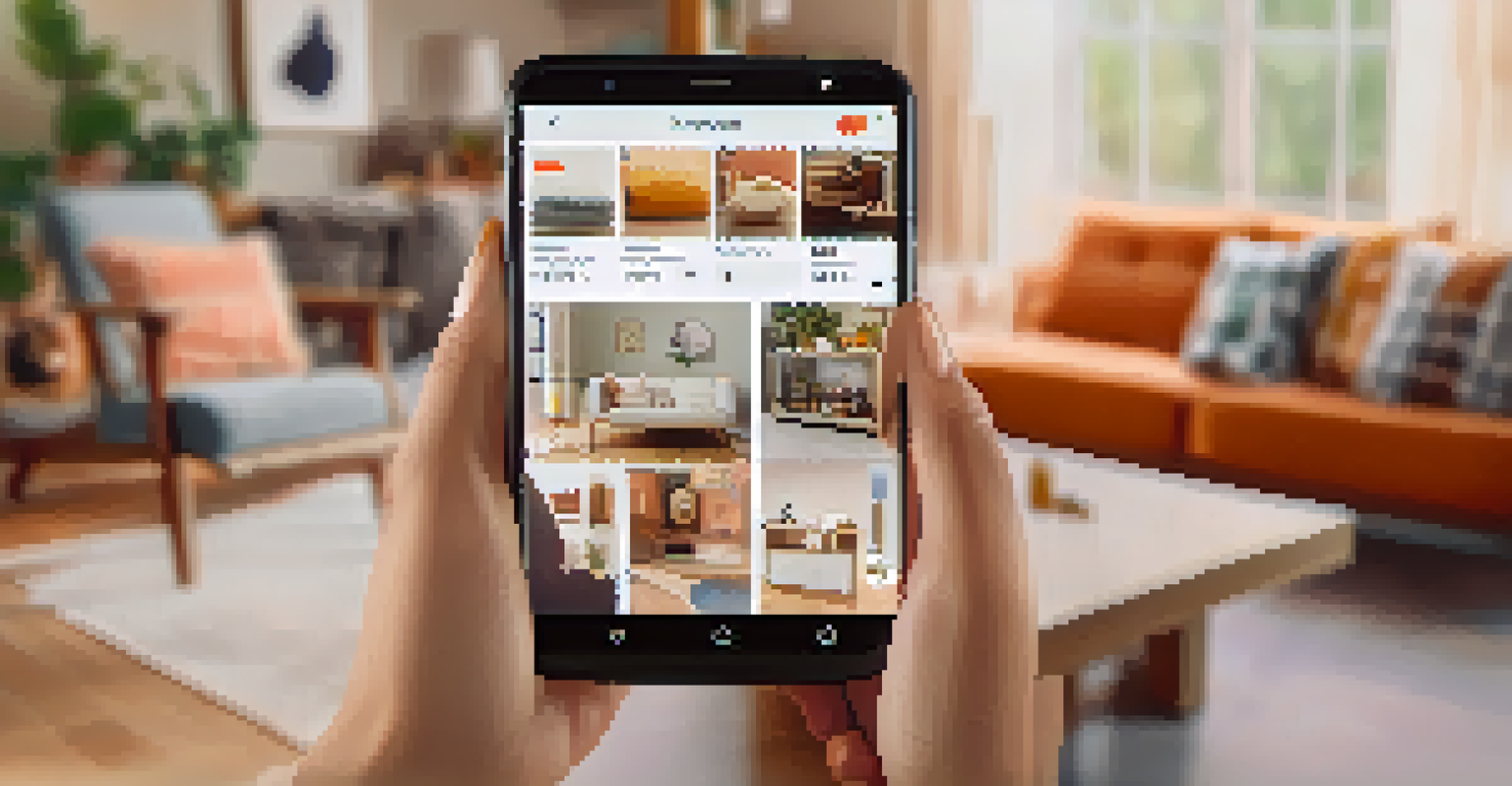 A customer joyfully interacting with a product on social media in a cozy living room setting, emphasizing online shopping excitement.