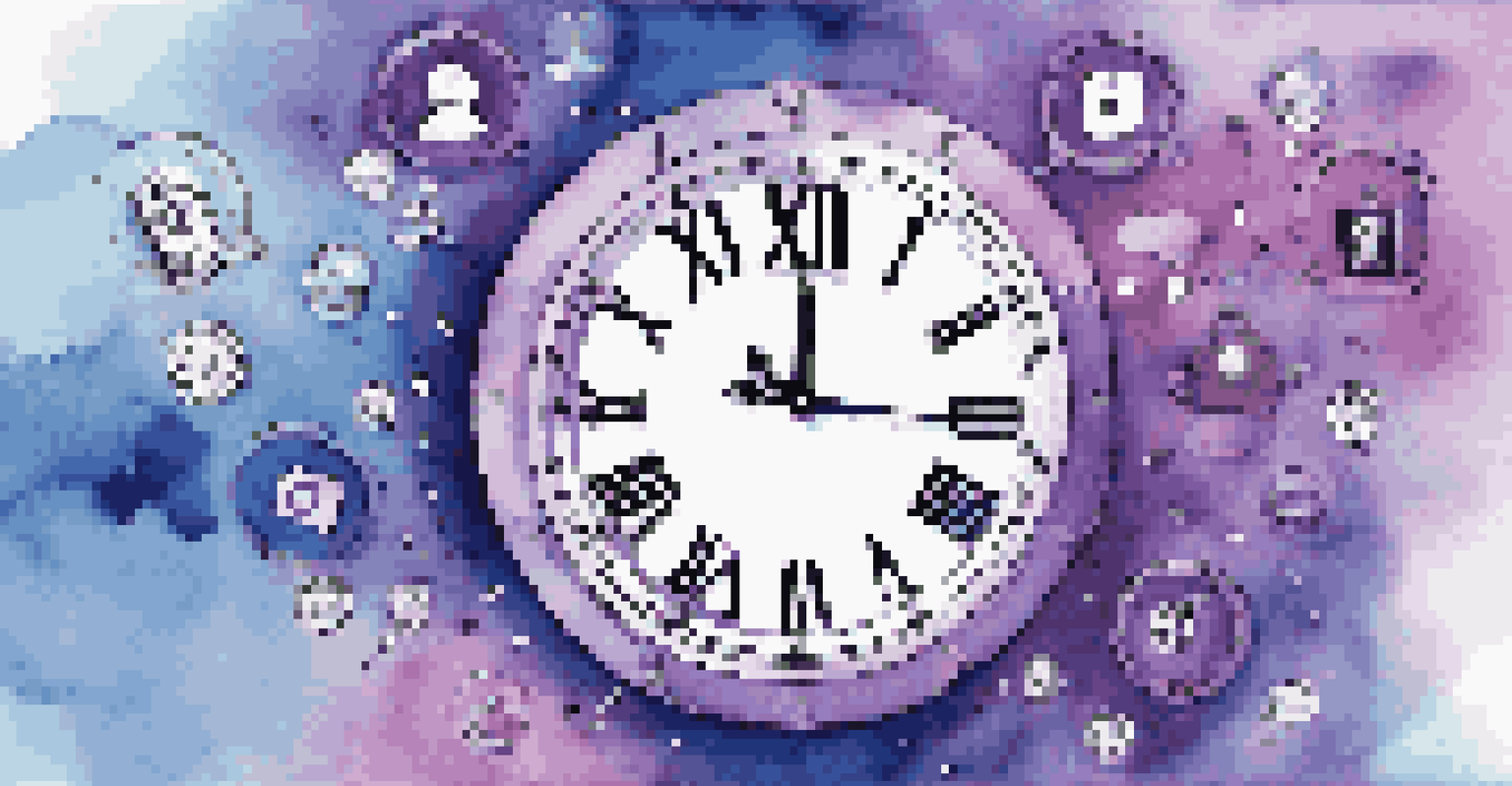 A clock surrounded by social media icons, illustrating the importance of timing in content virality, set against a blue and purple background.