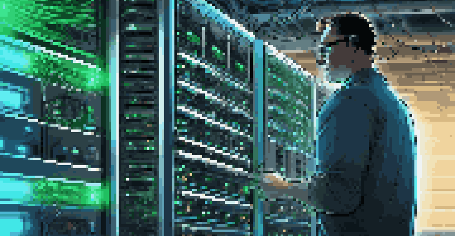 A close-up view of a server rack with glowing lights and detailed wiring, highlighting the technology of virtualization.
