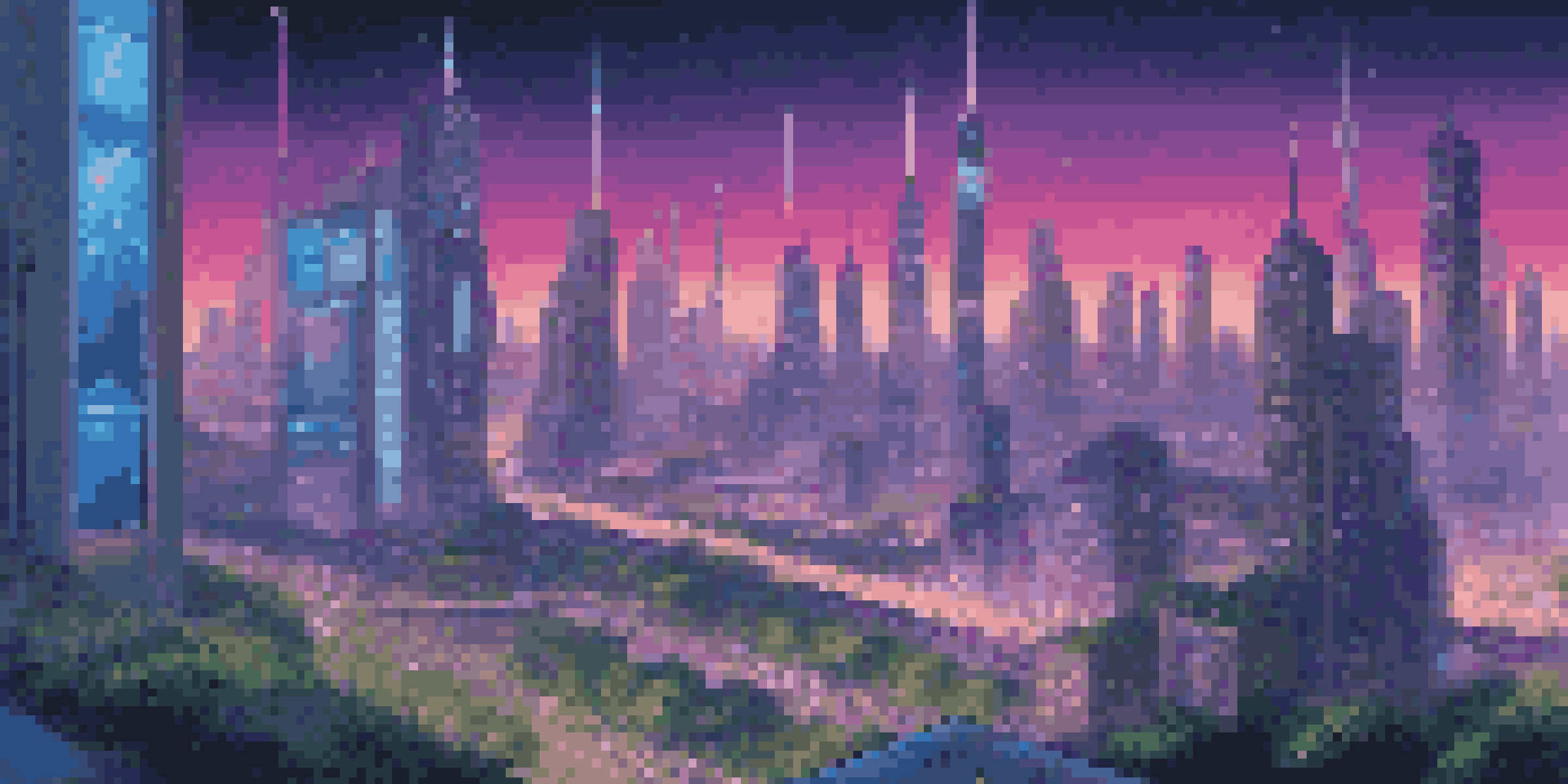 A futuristic city skyline at dusk with illuminated skyscrapers and people using transparent communication devices.