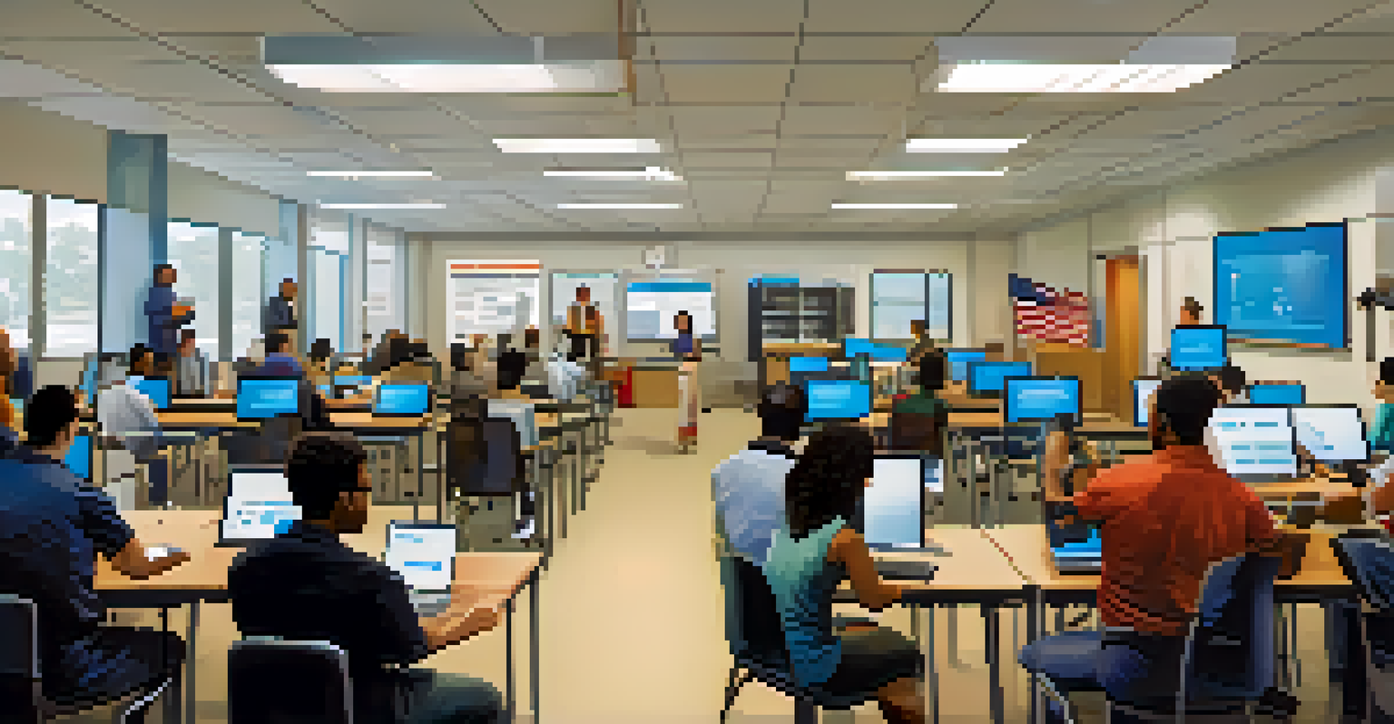 A training session for IT support staff, with a diverse group of attendees learning about customer service techniques in a classroom setting.