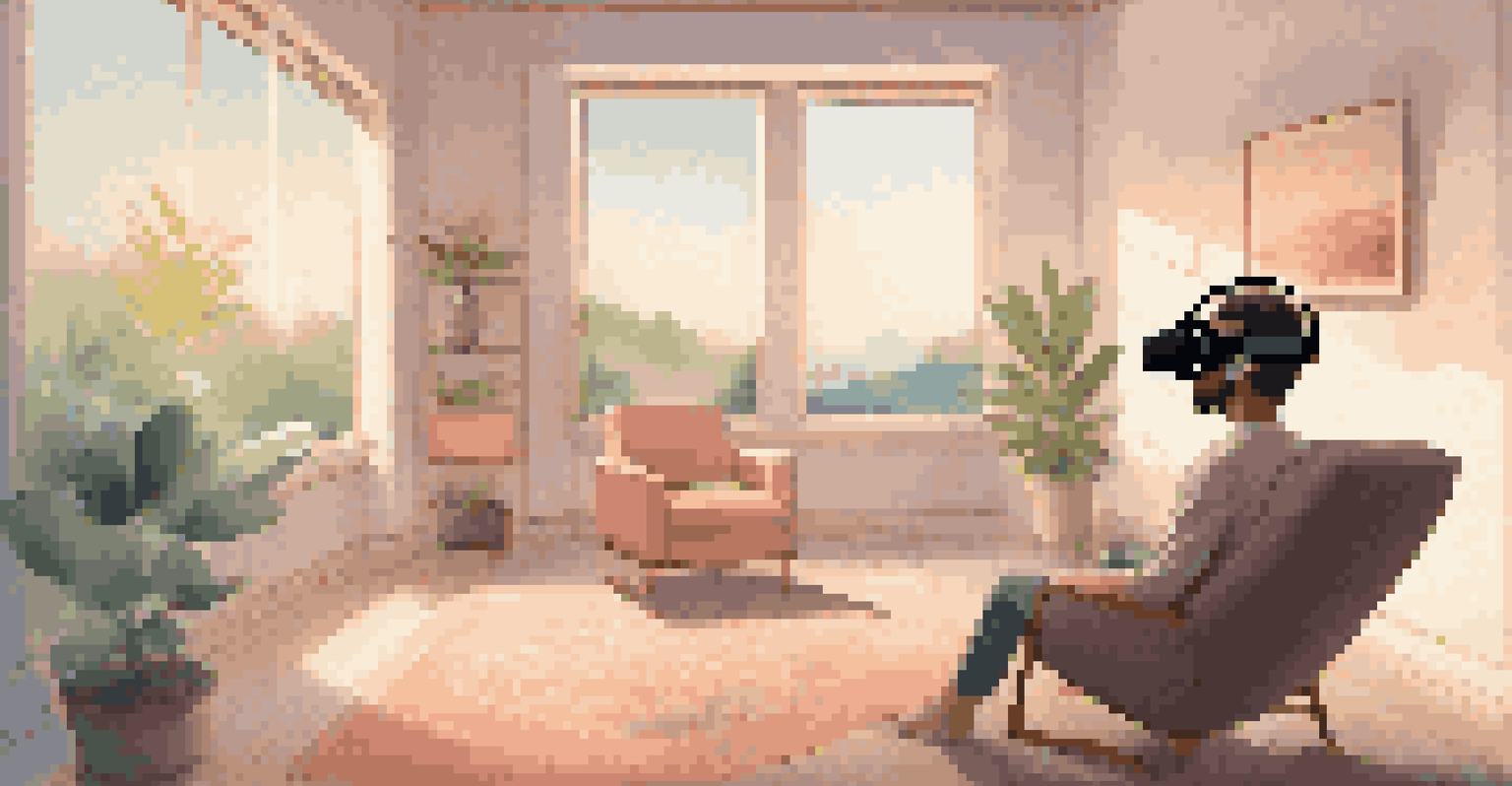 A person using a VR headset in a cozy room during a therapy session, with a therapist observing.