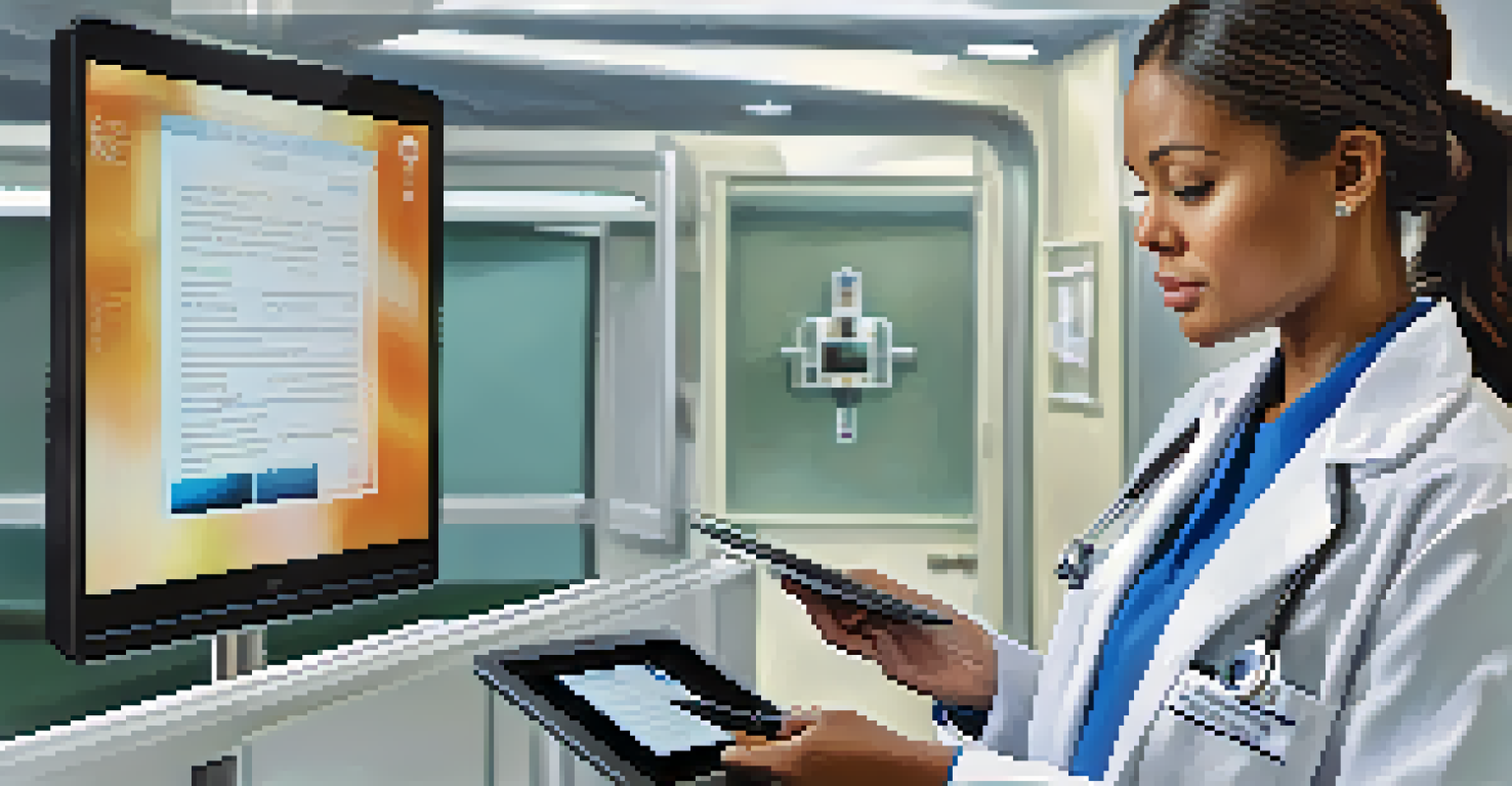 A healthcare professional using a tablet for speech recognition in a hospital room, with medical equipment in the background.