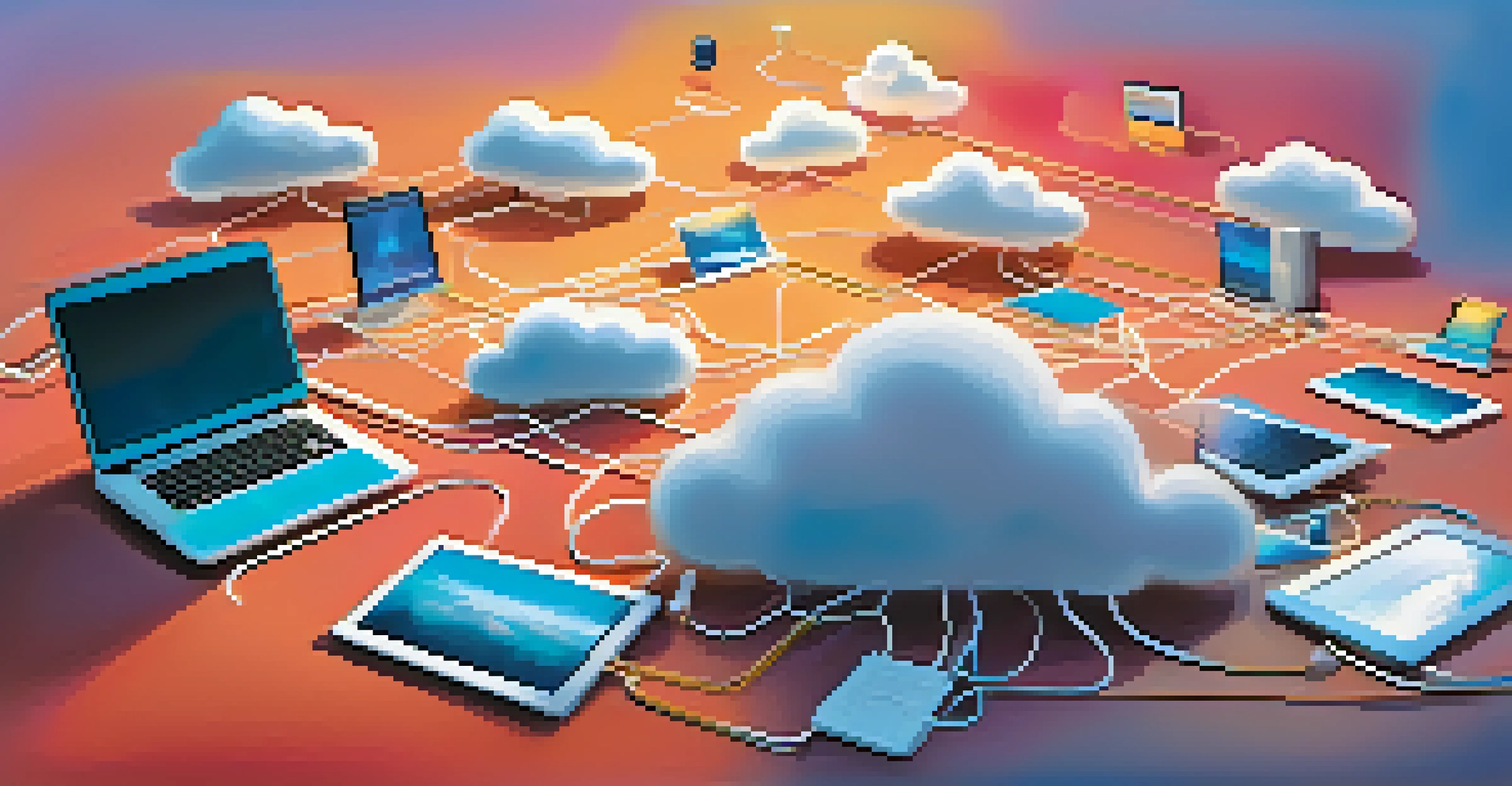 An abstract representation of cloud computing with digital devices among fluffy clouds, illustrating connectivity and integration.