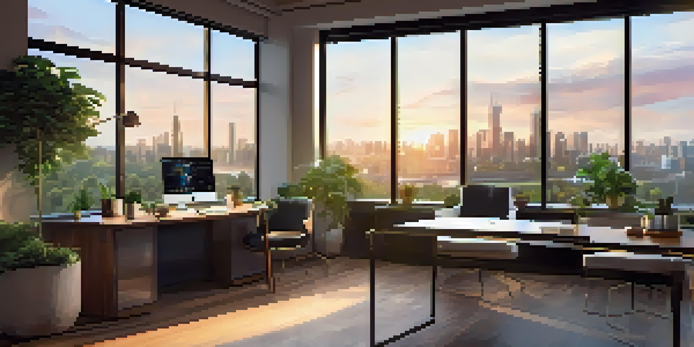 A tranquil office with a view of a city skyline at sunset, featuring plants, a desk with a laptop displaying graphs, and a cozy armchair.