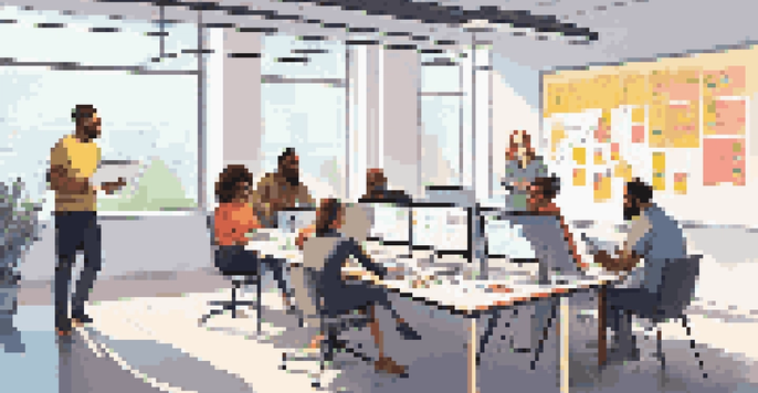 A diverse group of team members collaborating in a bright office space with a digital project board and a whiteboard filled with diagrams.