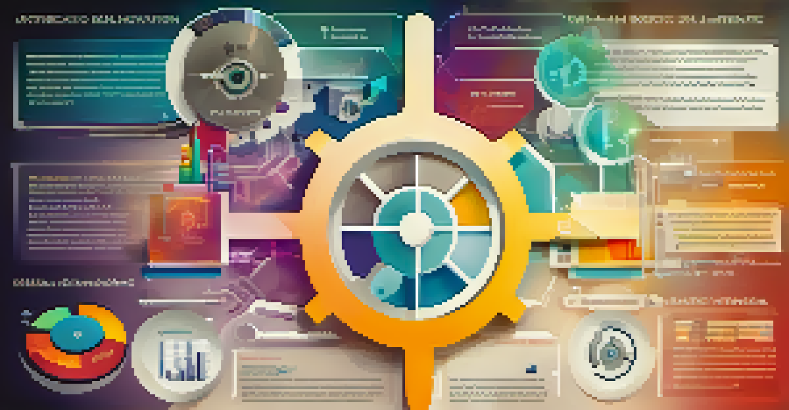 An infographic illustration showing the connection between robotic process automation and data analytics with colorful icons and charts.