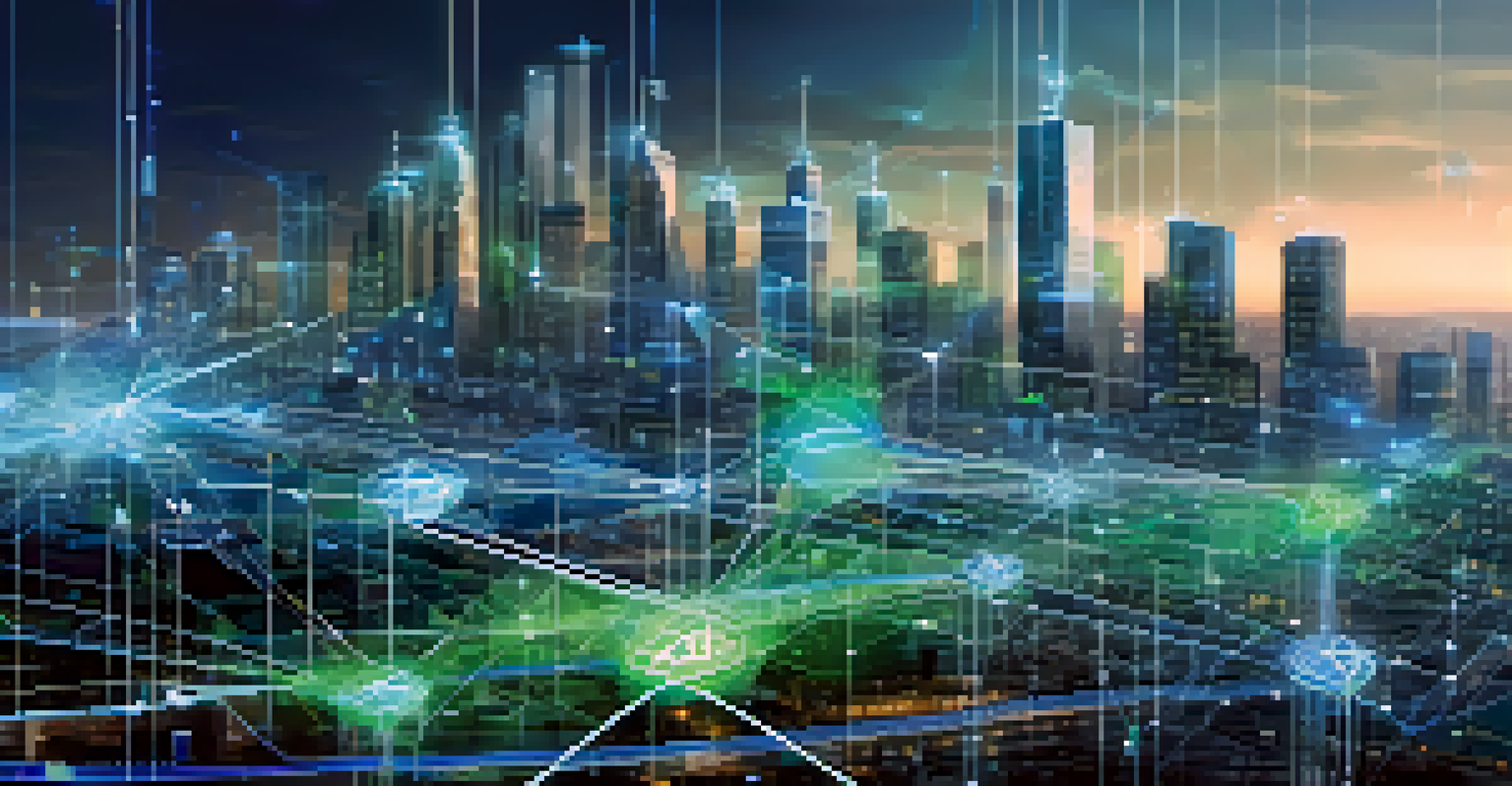 An abstract representation of digital twin technology with interconnected nodes against a city skyline, symbolizing data flow and sustainability.