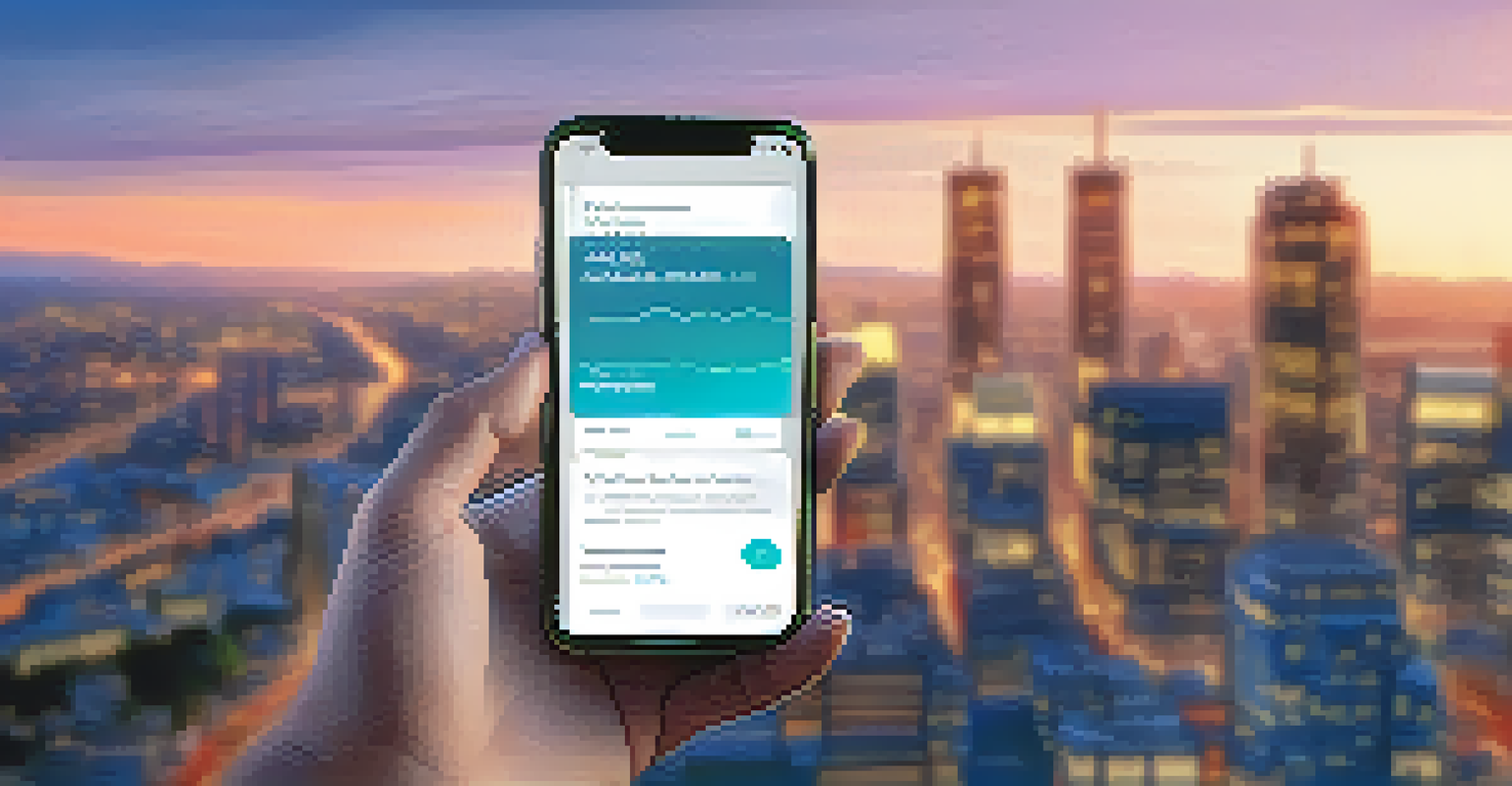 A hand holding a smartphone showing a decentralized finance application against a blurred cityscape.