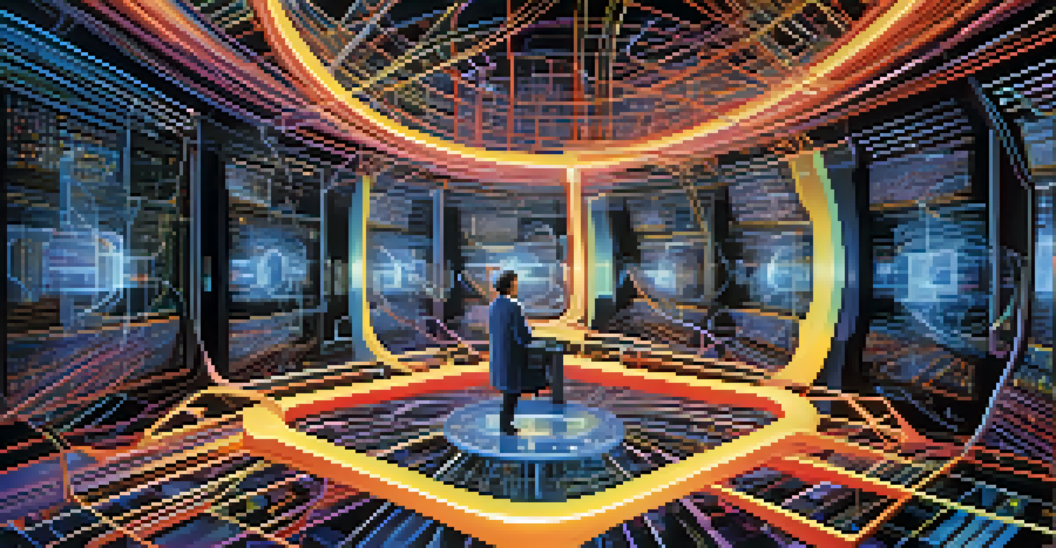 An abstract image of a hypervisor as a conductor managing floating virtual machines in a colorful background.