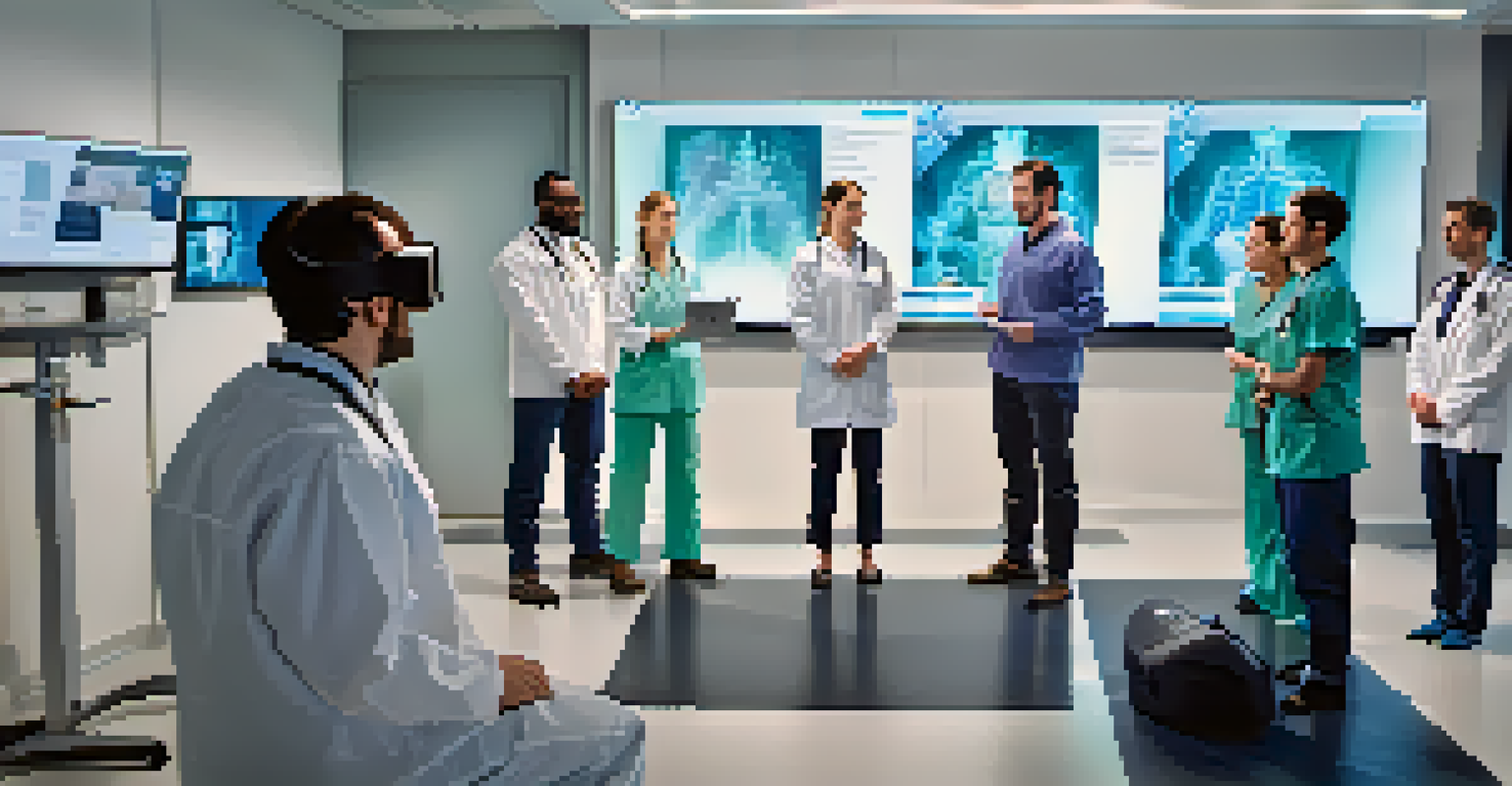 A diverse group of healthcare professionals in a modern room, engaging with a 3D patient simulation on a large screen during a VR training session.