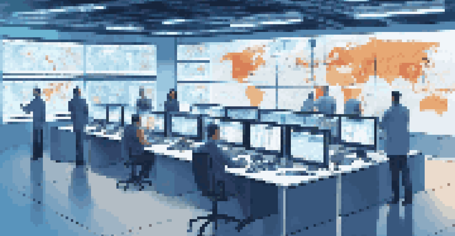A logistics control room with professionals analyzing real-time delivery data, surrounded by screens showing digital maps and graphs in soft blue lighting.