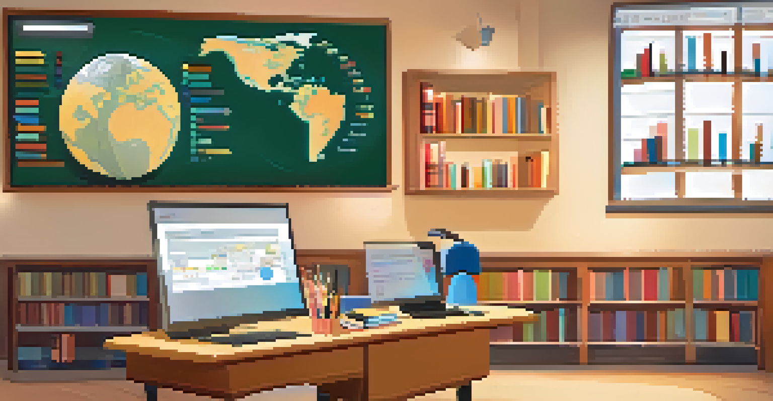 An AI interface showing student performance metrics in a cozy classroom with bookshelves and warm lighting.