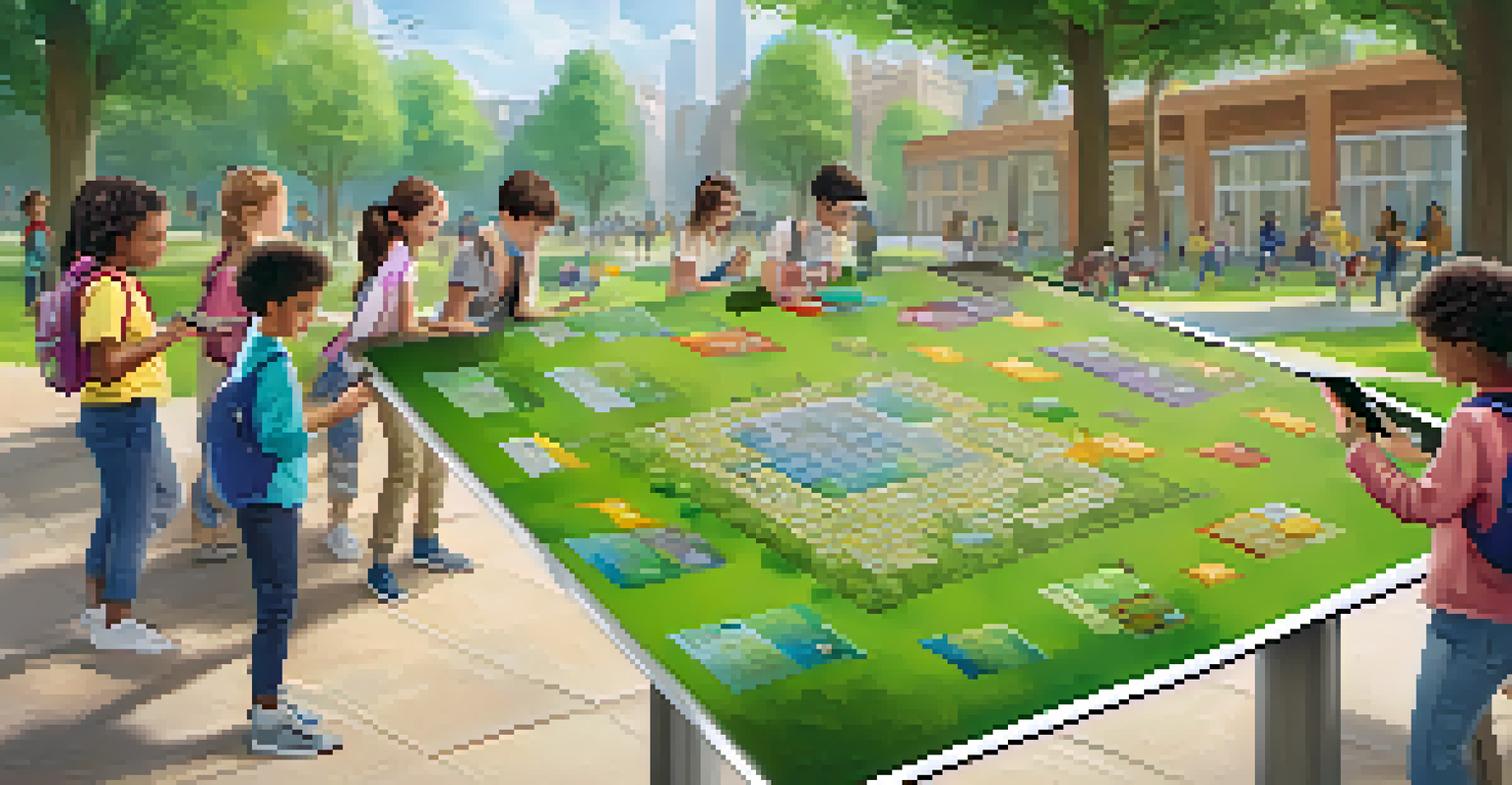 Students enjoying a math treasure hunt in a park, solving equations on tablets and discovering hidden items in a vibrant outdoor setting.