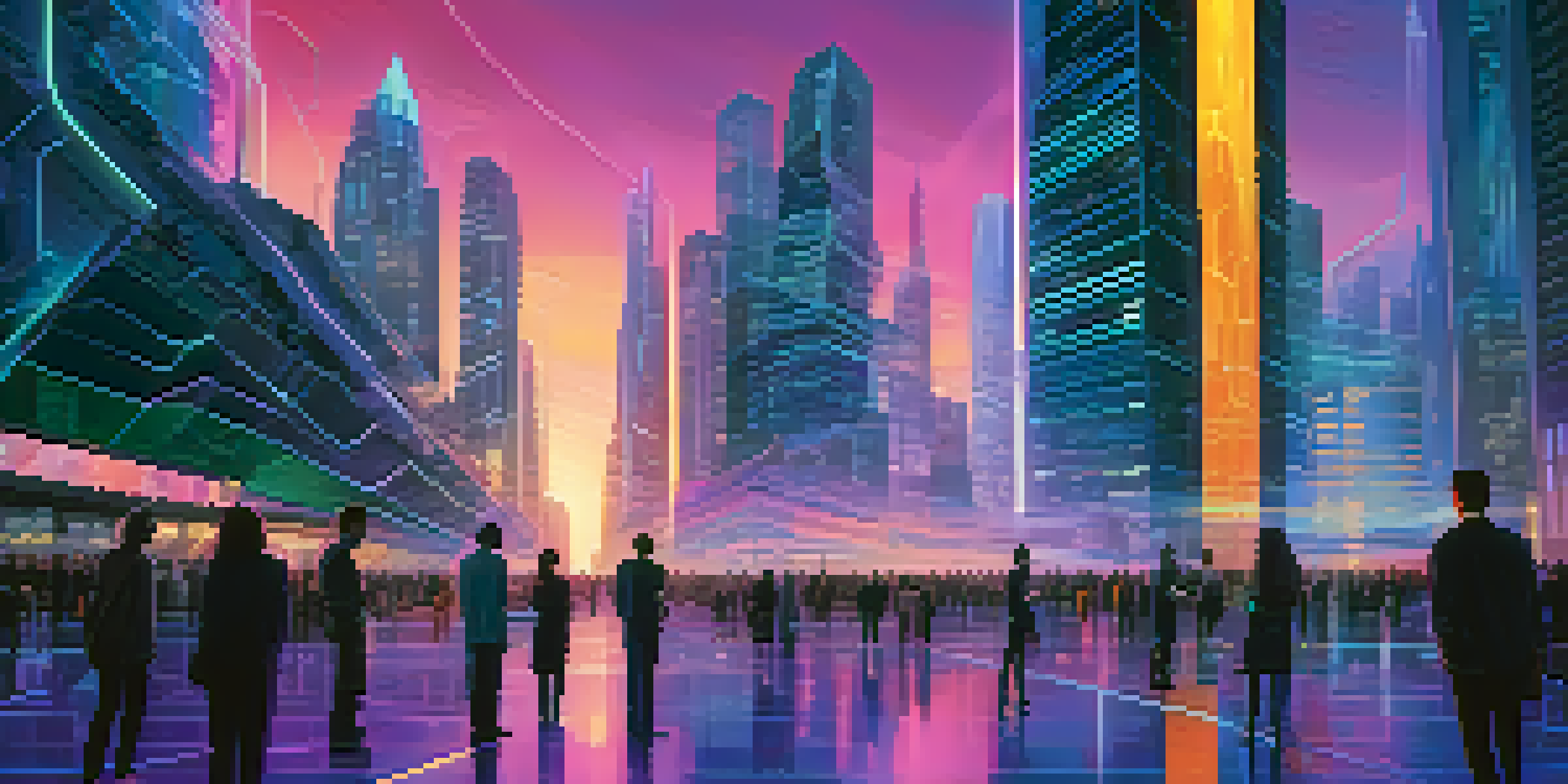 A vibrant city skyline during twilight, with advanced buildings and people using holographic technology, symbolizing data privacy in the digital age.