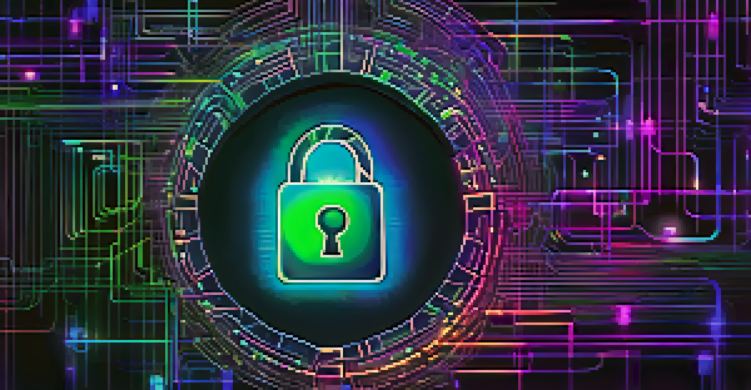 An abstract image of a glowing digital lock symbol with interconnected lines and nodes on a dark background.