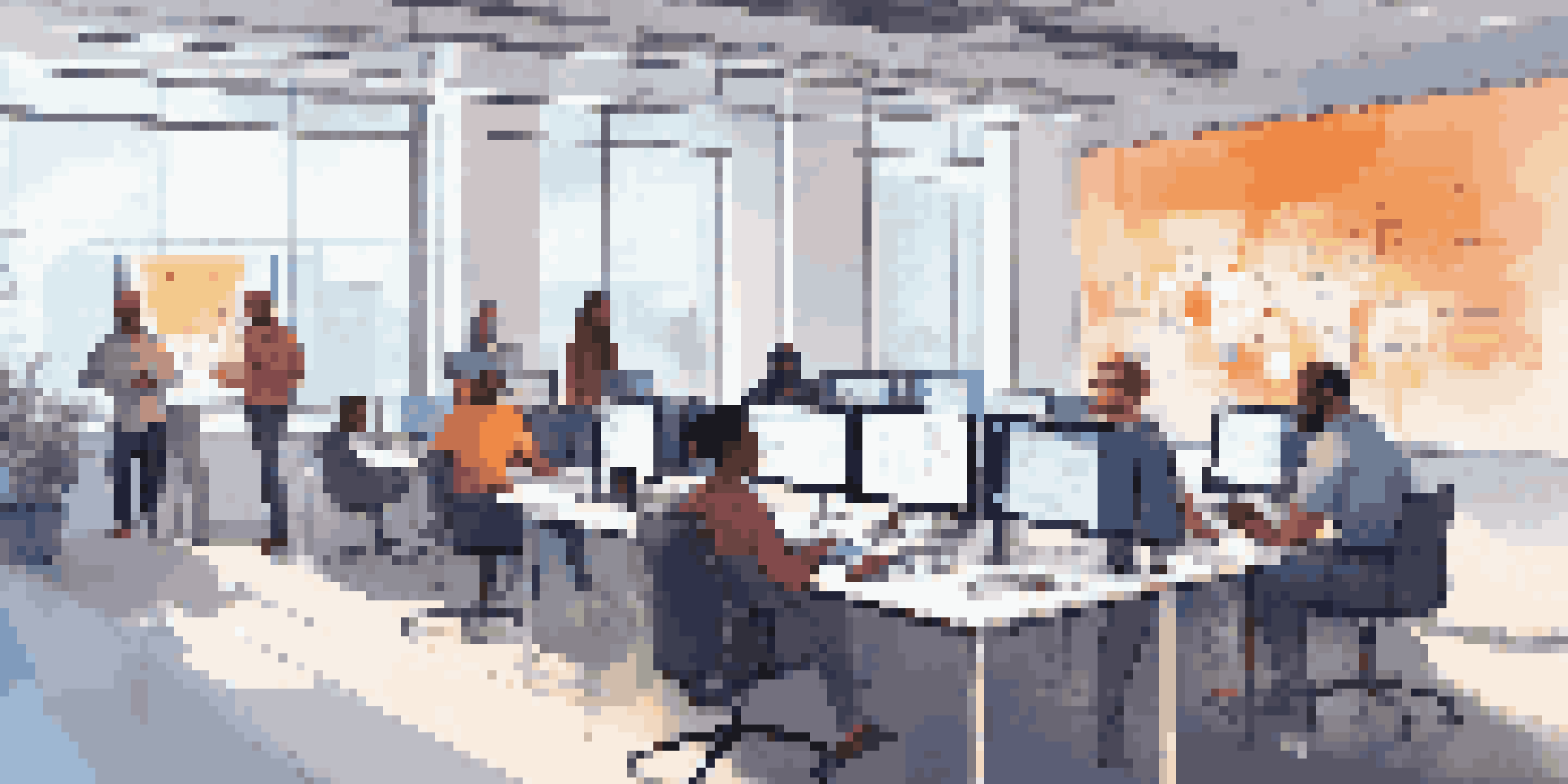 A diverse software development team working together in a modern office, with screens showing code and CI/CD pipelines.