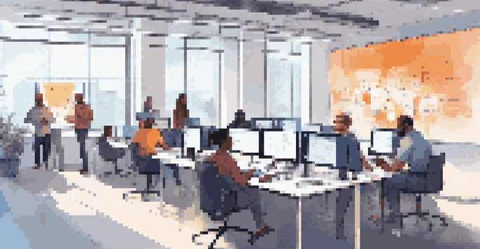 A diverse software development team working together in a modern office, with screens showing code and CI/CD pipelines.